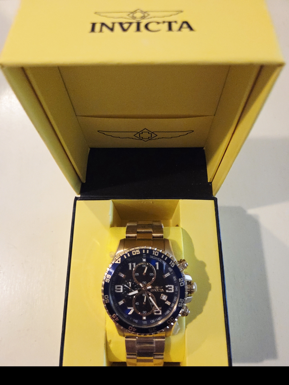 Invicta Gold Tone Chronograph Watch with Blue and Black Dial